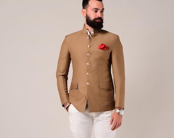 Coleção elegante de ternos Jodhpuri marrons para homens, incluindo o modelo Bandhgala para casamento.