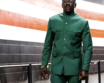 アメリカンインディアン刺繍ジャケット グリーン 緑 Stylish Decent Green Color Safari Suit for Men for Wedding