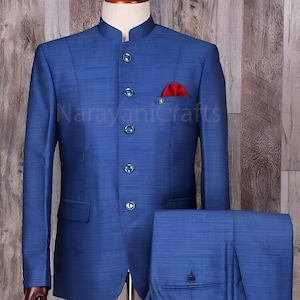 Indian New Stylish Ethnic Traditional Designer Partwear Wedding Royal Blue Raw Silk Bandhgala Jodhpuri Suit For Men.