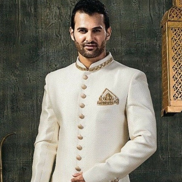 Indian Designer Party wear Ethnic Embroidered off White Sherwani for Men.