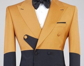 Men's Two-Tone Double-Breasted Tuxedo Jacket : Mustard Yellow and Black Formal Suit.