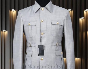 Handmade Decent Light Grey Color Safari Suit for men for wedding and events and party and casual wear.