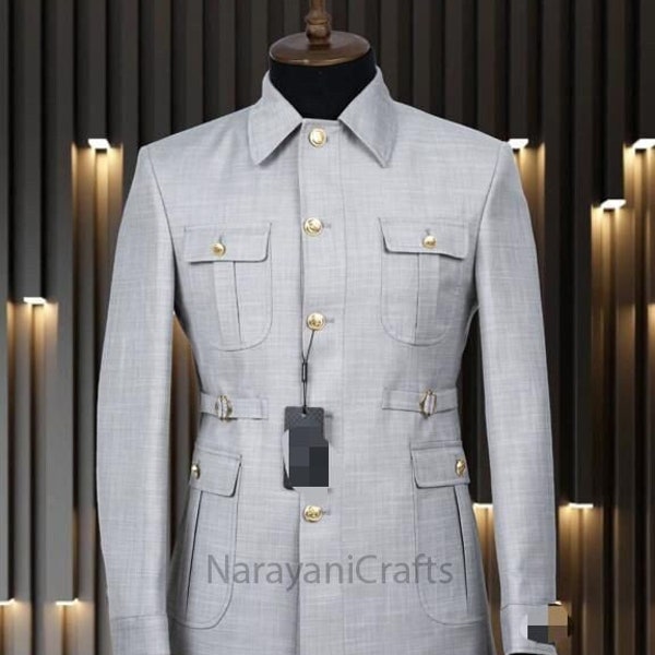 Handmade Decent Light Grey Color Safari Suit for men for wedding and events and party and casual wear.