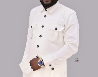 White Color Suiting Fabric Safari Suit for Men Stylish Wedding Party Outfit.