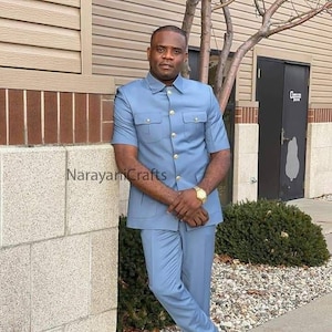 Handmade Blue Safari Suit Men s Wedding & Party Attire