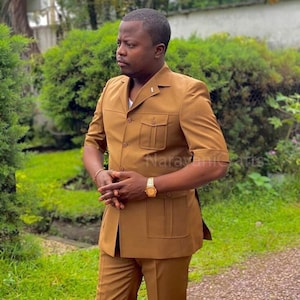 Mustard Safari Suit for Men Handmade Wedding Party Outfit
