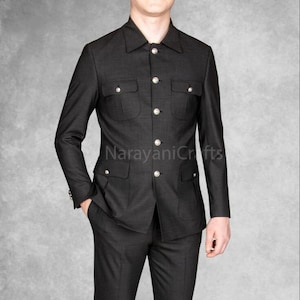 Handmade Black Safari Suit Men s Wedding & Party Wear