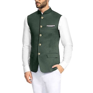 Dark Green Ethnic Waistcoat Jacket Men s Partywear Vest