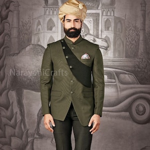 Mens Bottle Green Jodhpuri Suit Ethnic Partywear Bandhgala with Black Pant