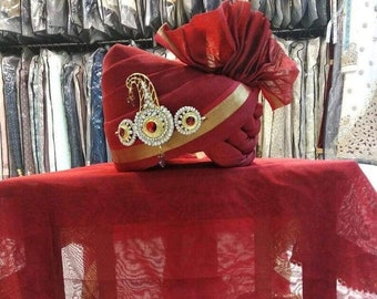 New Stylish Ethnic handmade Red color Safa With Stall Dupatta Groom Safa Turban Pagri for men  for wedding party and events and festivals