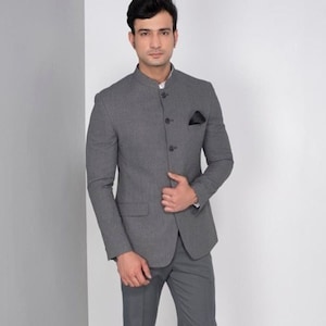 Stylish Ethnic Partywear Traditional Bandhgala Gray Jodhpuri suit for Men.