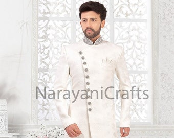 Mens White Sherwani Stylish Wedding Poshak Outfit