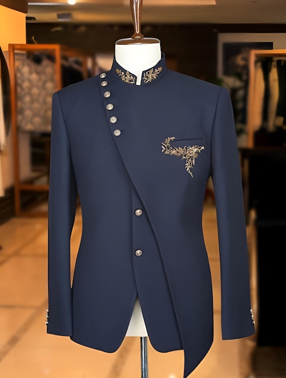 Men's Navy Blue Embroidered Jodhpuri Suit Stylish Bandhgala for Men.