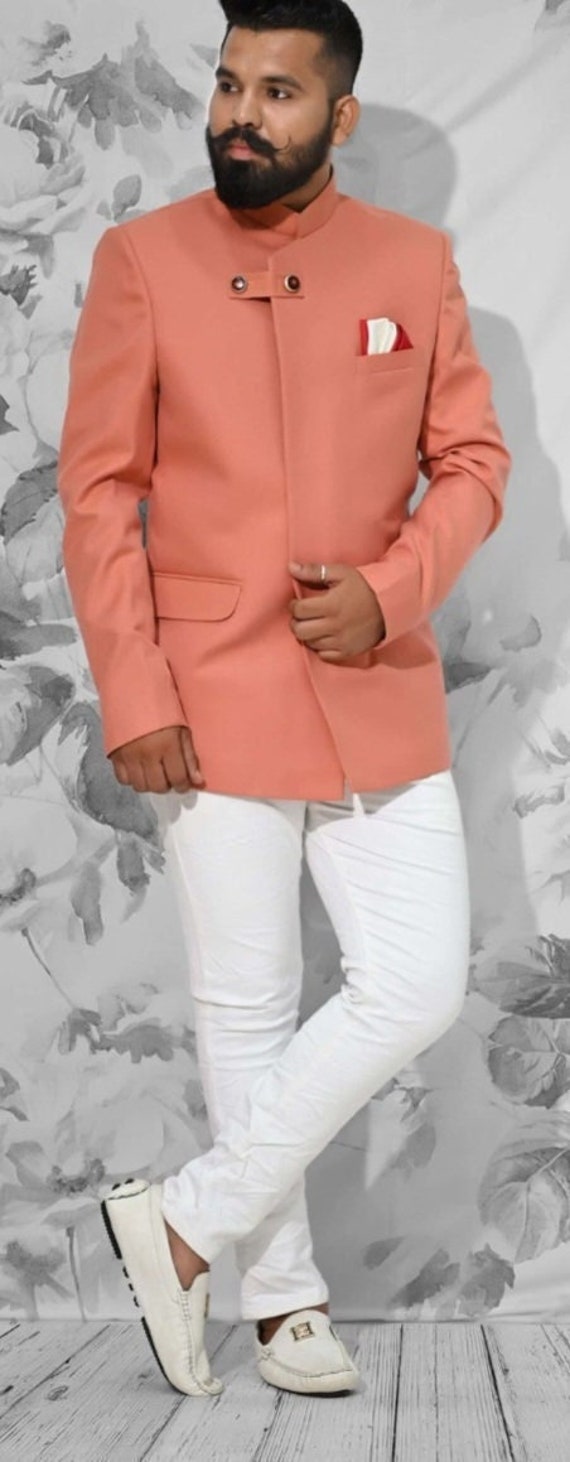 Embroidered Satin Silk Jodhpuri Suit in Peach : MTX3113