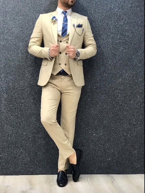 Designer Handmade Ivory Color Three Piece Coat Pant Suit for Men