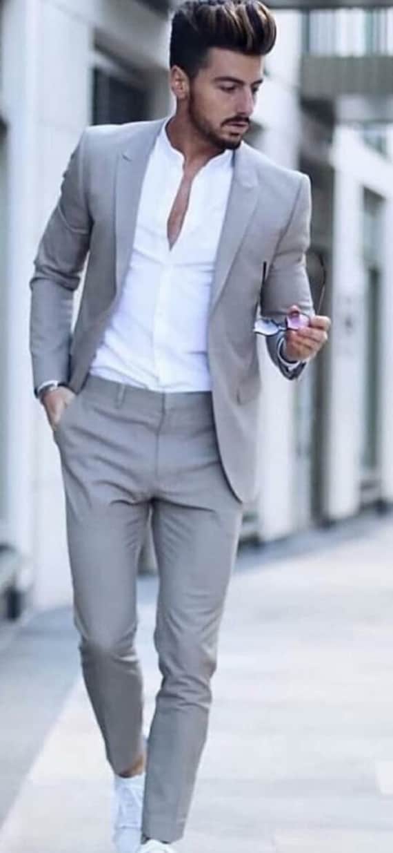 2 Piece Vintage Light Grey Linen Suit (Pre order) | Beach Suit | Summer Suit  | Wedding | Castle | Outdoor | Groommen – Abitto-USA