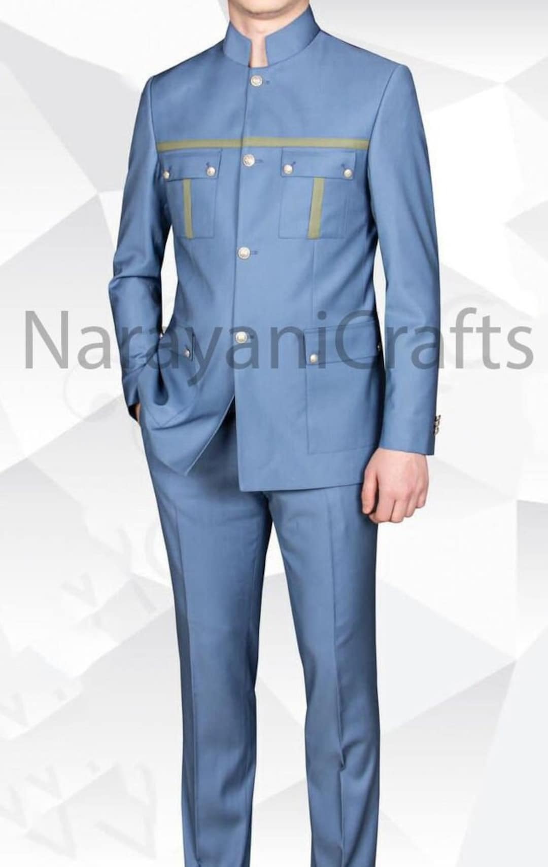 Handmade New Designer Stylish Blue Color Safari Suit for Groom 