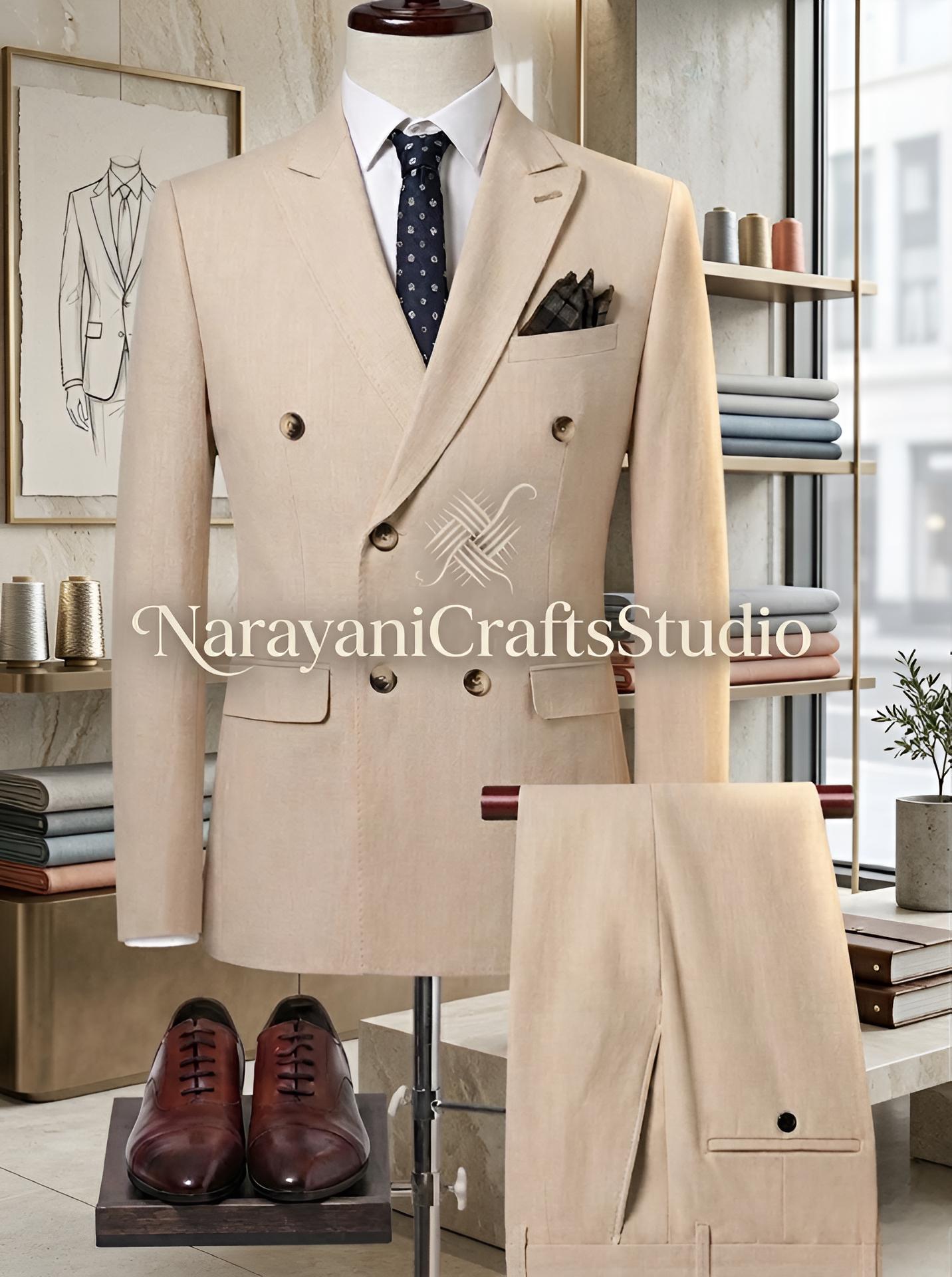 Cream Stylish Suit Two-piece Coat Pant Set Wedding Party Reception 