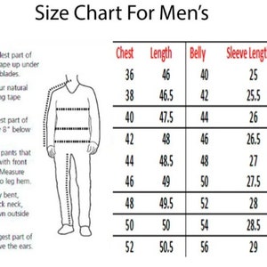 May include: Size chart for men's clothing with measurements in inches for chest, length, belly, sleeve length, shoulder, and neck.