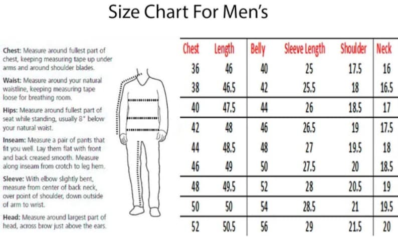 May include: Size chart for men's clothing with measurements in inches for chest, length, belly, sleeve length, shoulder, and neck.