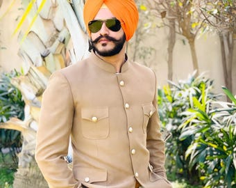 Beige Jodhpuri Suit for Men Bandhgala Four Pocket Jacket with Off white Pant.