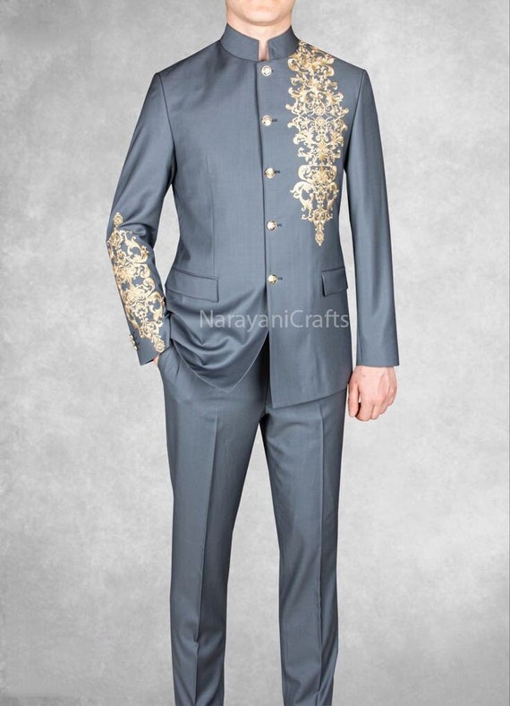 green emerald velvet dress Gold Patterned Over Grey Men Prom Blazer | Wessi – Wessi main image 0