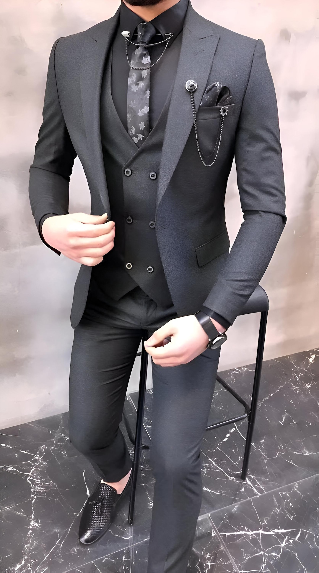 Buy Handmade Black Three Piece Suit Stylish Partywear Coat Pant