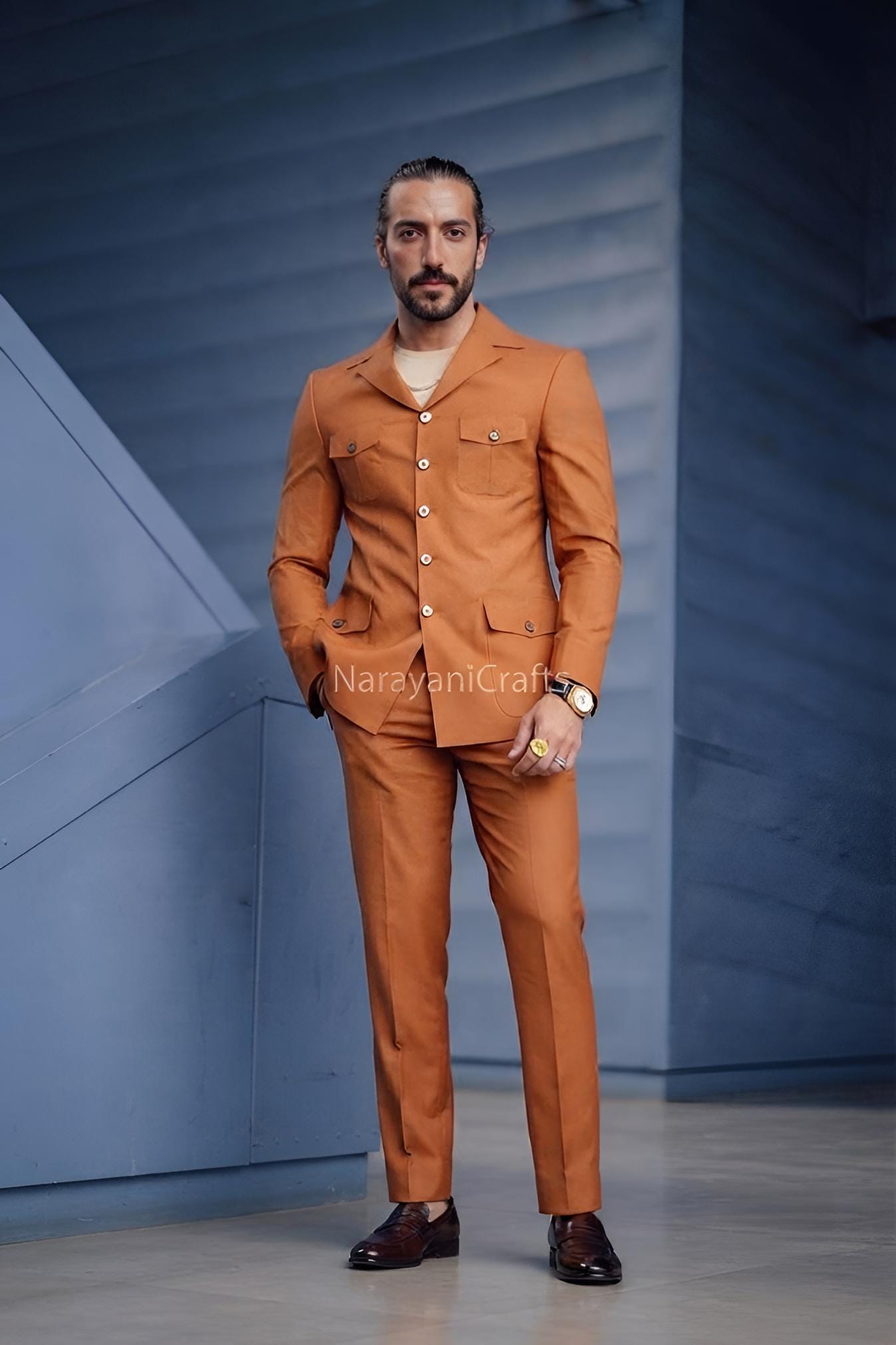 Rust Color Safari Suit Men's Wedding Party Wear Four Pocket Jacket