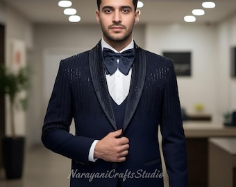 Terno de três peças azul-marinho para trabalho pesado - Roupa para casamento