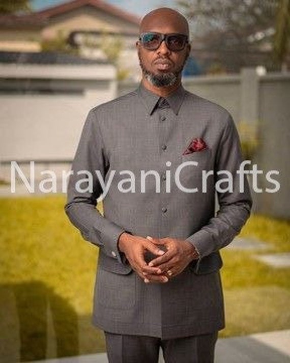 Handmade Decent Dark Gray Safari Suit for Men for Wedding and