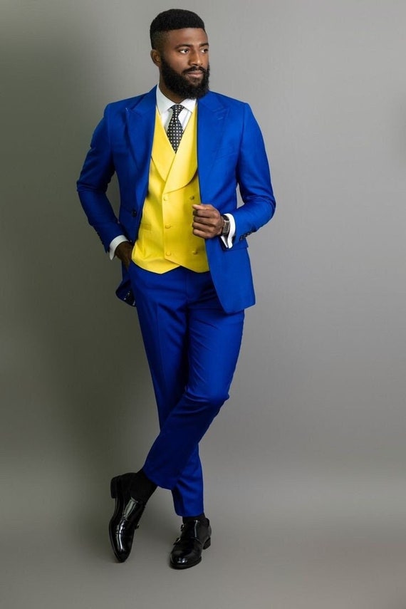 Stylish Decent Royal Blue Three Piece Suit With Yellow Wasitcoat