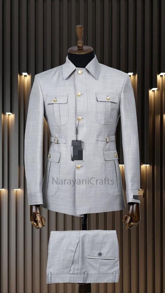 Stylish Decent Light Grey Color Safari Suit for men for wedding and events and party and casual wear.