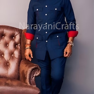 Blue Safari Suit Stylish Wedding Reception Outfit