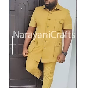 Mustard Safari Suit for Men Handmade Wedding Party Outfit