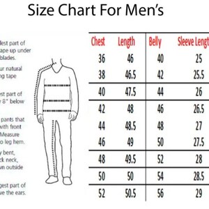 May include: A size chart for clothing, with measurements for chest, length, belly, sleeve length, shoulder, and neck. The chart includes a diagram of a person with measurement lines and provides instructions on how to measure each area.