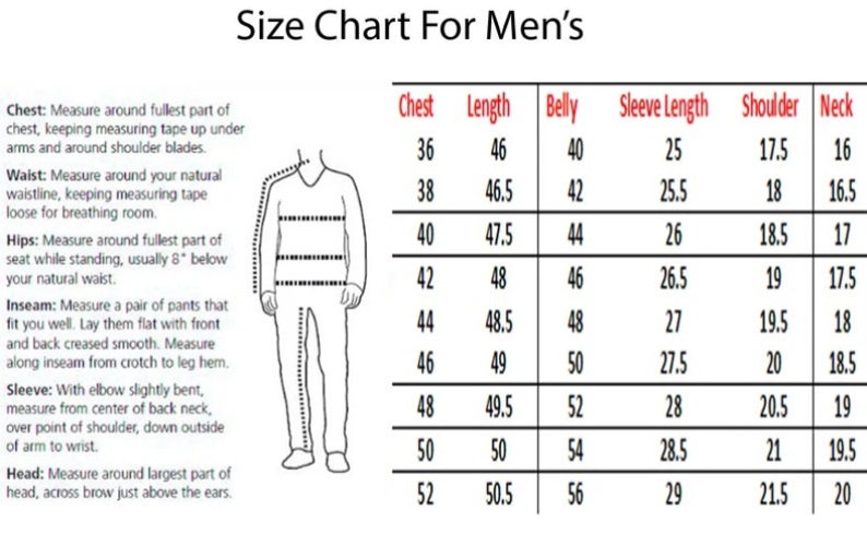 May include: A size chart for clothing, with measurements for chest, length, belly, sleeve length, shoulder, and neck. The chart includes a diagram of a person with measurement lines and provides instructions on how to measure each area.