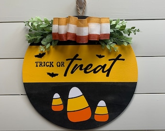 Halloween Front Door Decor, Trick or Treat Door Hanger, Candy Corn Sign ...
