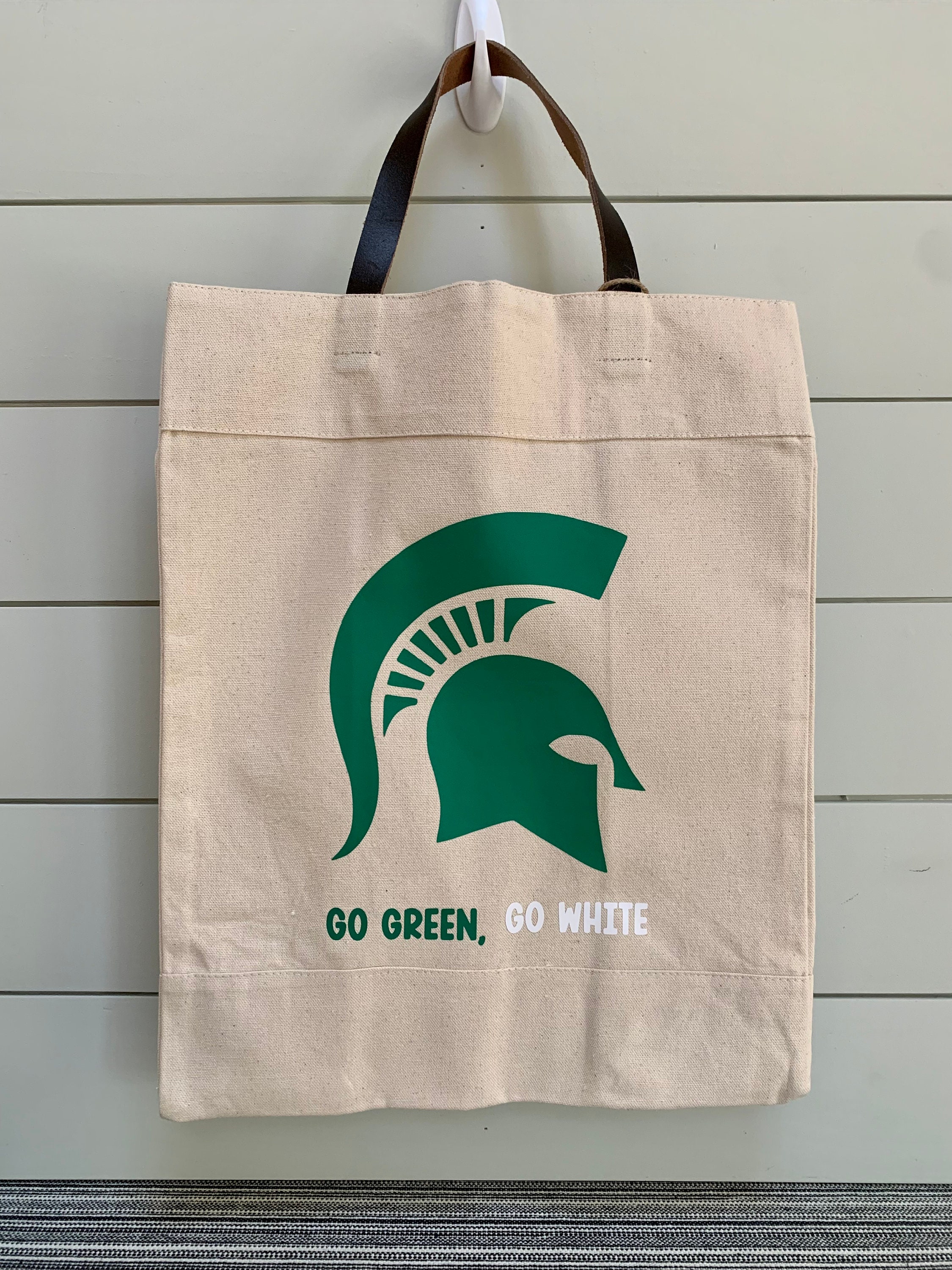 MSU Sparty Go Green, Go White Canvas Tote Bag with Leather Handles * Eco  Friendly Reusable Bag * Grocery Tote Bag