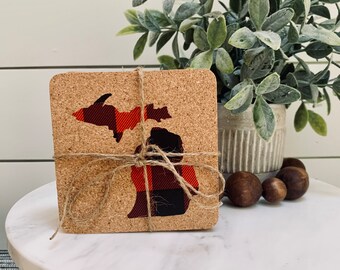 Cork Coasters * Michigan * Red and Black Buffalo Check
