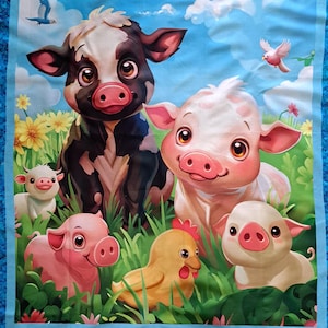 May include: A fabric panel depicting a farm scene with cartoon animals. The image shows a black and white calf, a pink and white calf, two pink pigs, a yellow chicken, and a small white calf, set in a grassy field under a blue sky with birds and a sun.