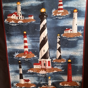 May include: A fabric panel featuring a dark blue night sky with a crackle pattern and eight lighthouses. Labeled lighthouses include Point Wilson, Brier Island, Sturgeon Point, Assateague, Bodie Island, Cape Lookout, Fire Island, and Ponce De Leon.