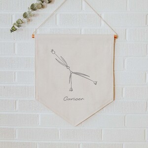 May include: Cream-colored banner with a Cancer constellation design in gray. The banner is suspended from a wooden dowel and a decorative clip. The word "Cancer" is printed below the constellation. The banner hangs against a white brick wall.