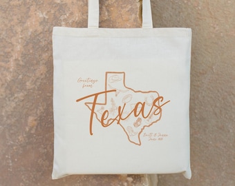 Tote de boda de Texas dibujado a mano - Bolso de mano de boda delicado - Favor de boda de Texas -Bolsa de mano de Houston -Boda de Dallas -Bolsa de bienvenida de Austin -Bienvenido
