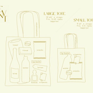 Puede incluir: Una ilustraci&oacute;n de l&iacute;nea de dos bolsas de mano de diferentes tama&ntilde;os. La bolsa de mano m&aacute;s grande mide 15 pulgadas por 16 pulgadas y cabe de 5 a 10 art&iacute;culos. La bolsa de mano m&aacute;s peque&ntilde;a mide 9 pulgadas por 11 pulgadas y cabe de 3 a 5 art&iacute;culos. Ambas bolsas tienen correas y est&aacute;n etiquetadas como "personalizaci&oacute;n". La bolsa de mano m&aacute;s grande est&aacute; llena de art&iacute;culos como una toalla, mentas, pa&ntilde;uelos, bocadillos, b&aacute;lsamo labial, agua, loci&oacute;n, vino y vitaminas. La bolsa de mano m&aacute;s peque&ntilde;a est&aacute; llena de art&iacute;culos como b&aacute;lsamo labial, vitaminas, agua, mentas y bocadillos.