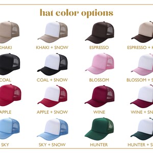 May include: Image displaying a selection of trucker caps in various colours. The caps have a mesh back and a solid front panel. Colours include khaki, black, pink, red, blue, and green, with some having a white front panel. Text reads "hat colour options".