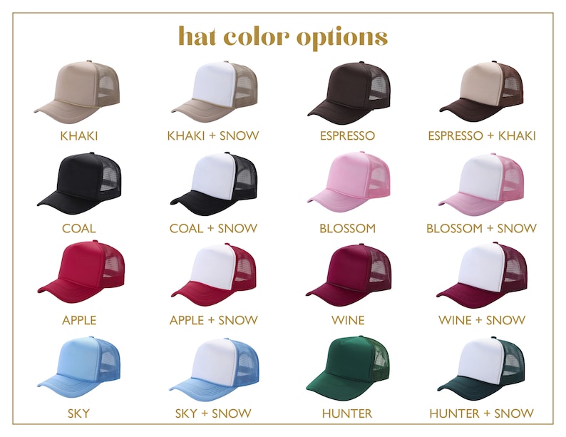 May include: Image displaying a selection of trucker caps in various colours. The caps have a mesh back and a solid front panel. Colours include khaki, black, pink, red, blue, and green, with some having a white front panel. Text reads "hat colour options".