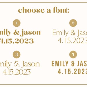 May include: Four different font styles are shown for the names "emily & jason" and the date "4.15.2023". Each font style is numbered 1 through 4.