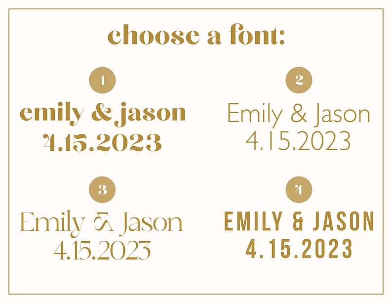 May include: Four different font styles are shown for the names "emily & jason" and the date "4.15.2023". Each font style is numbered 1 through 4.
