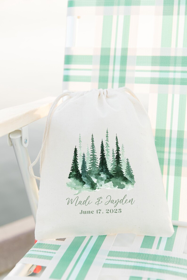 Forest Wedding Welcome Bag - Watercolor Pine Tree Welcome Bag - Hangover Kit Bag - Destination Wedding Bag - Wedding Favors - Welcome Bags image 2