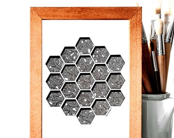 Panal --- Hexágonos --- Póster A4 --- Arte lineal